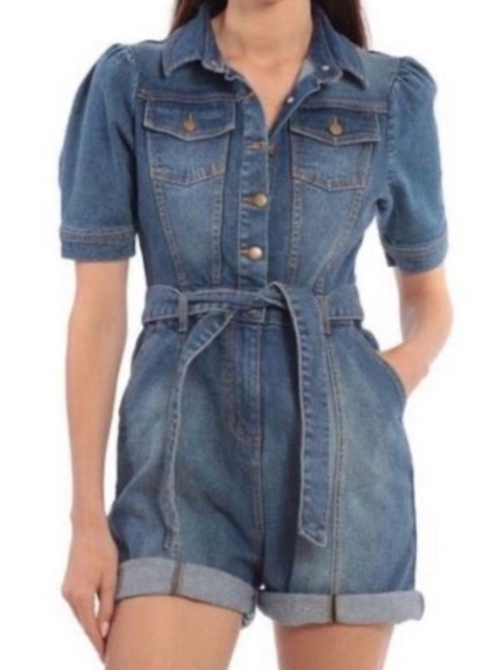 *Avec Les Filles * Blue Denim  Belted Romper with Cuffed Hem .